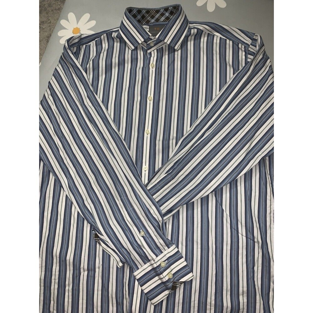 THOMAS DEAN FLIP CUFF Men’s Striped  Long Sleeve Button Casual Shirt sz L